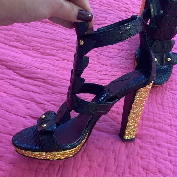 Tom Ford Black and Gold Heels with Chunky Block Heel, US8,5 - Picture 4 of 12